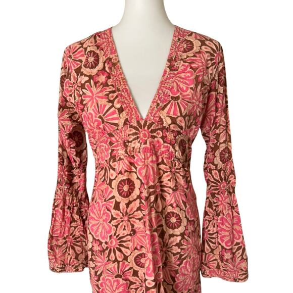 Rare Y2K Johnny Was Boho Tunic – Pink Floral, Bell Sleeves, Size 2 (S) - Picture 2 of 6